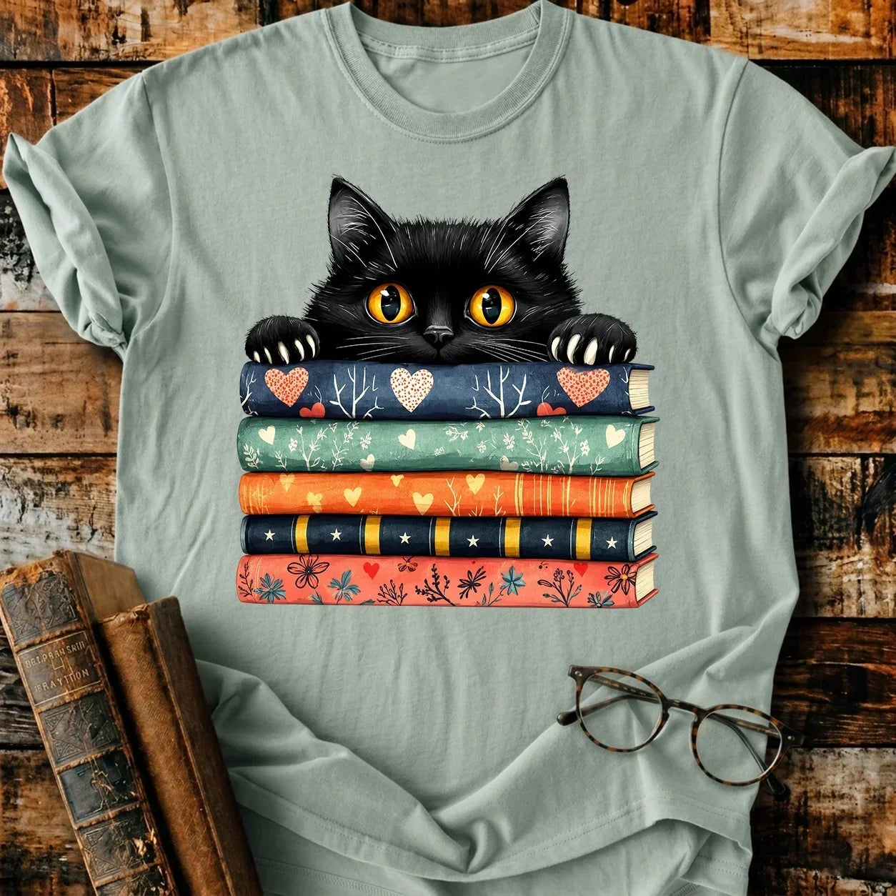 Black Cat On Books T-Shirt