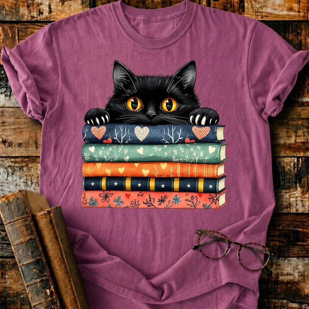 Black Cat On Books T-Shirt
