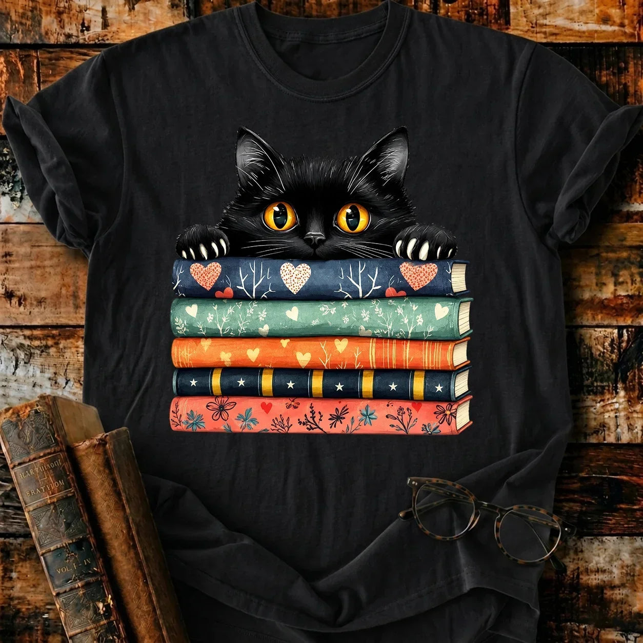 Black Cat On Books T-Shirt