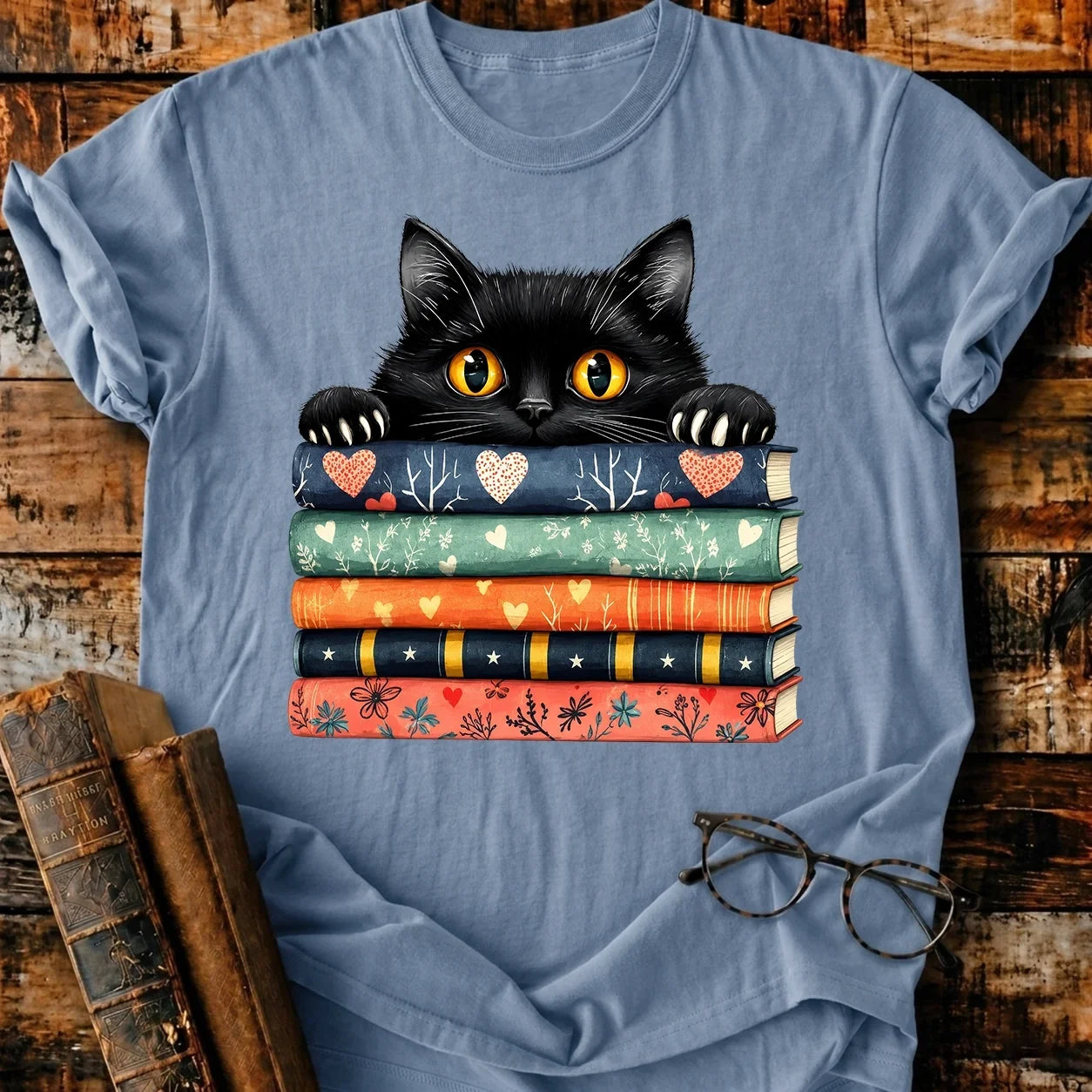 Black Cat On Books T-Shirt