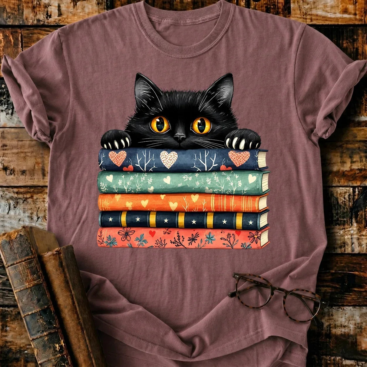 Black Cat On Books T-Shirt