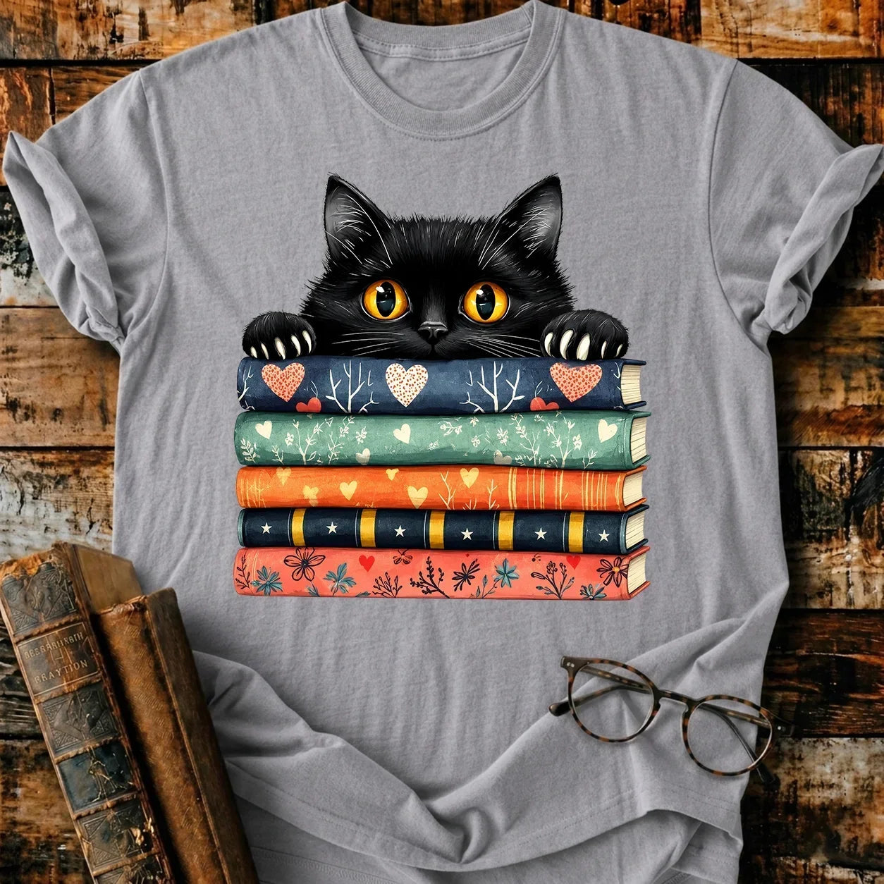 Black Cat On Books T-Shirt