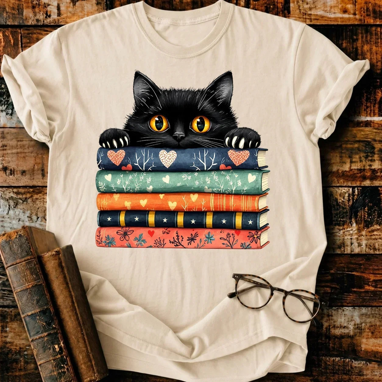 Black Cat On Books T-Shirt