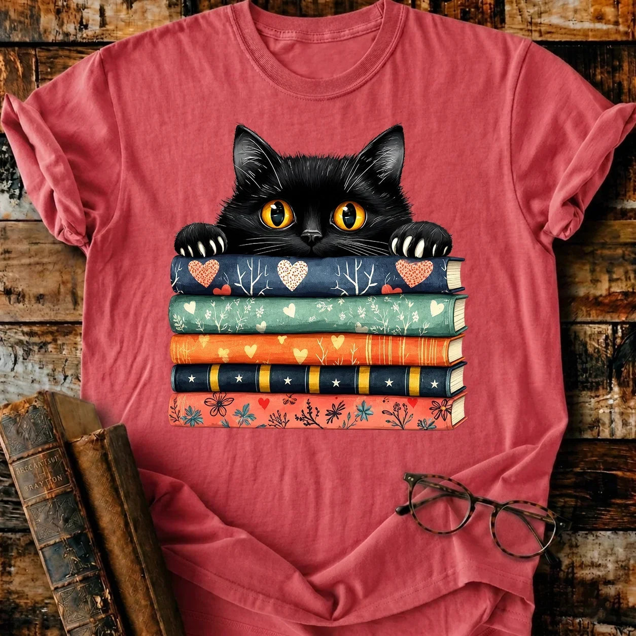 Black Cat On Books T-Shirt
