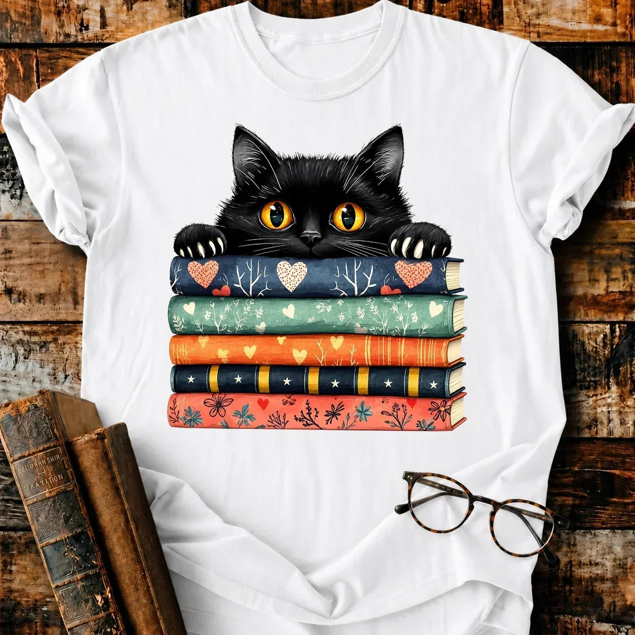 Black Cat On Books T-Shirt