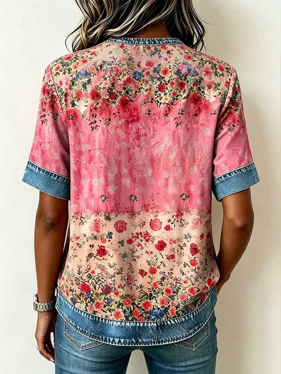 Denim Trim Pink Floral Short Sleeve Top