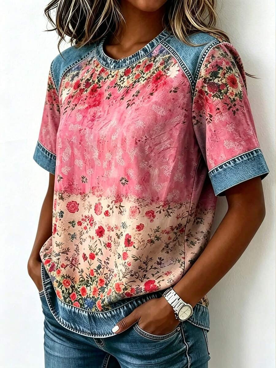 Denim Trim Pink Floral Short Sleeve Top