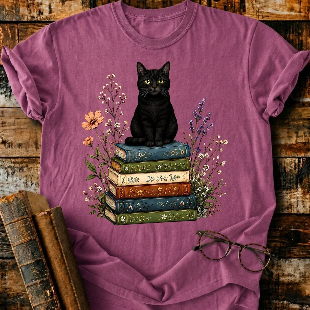 Black Cat On Books T-Shirt