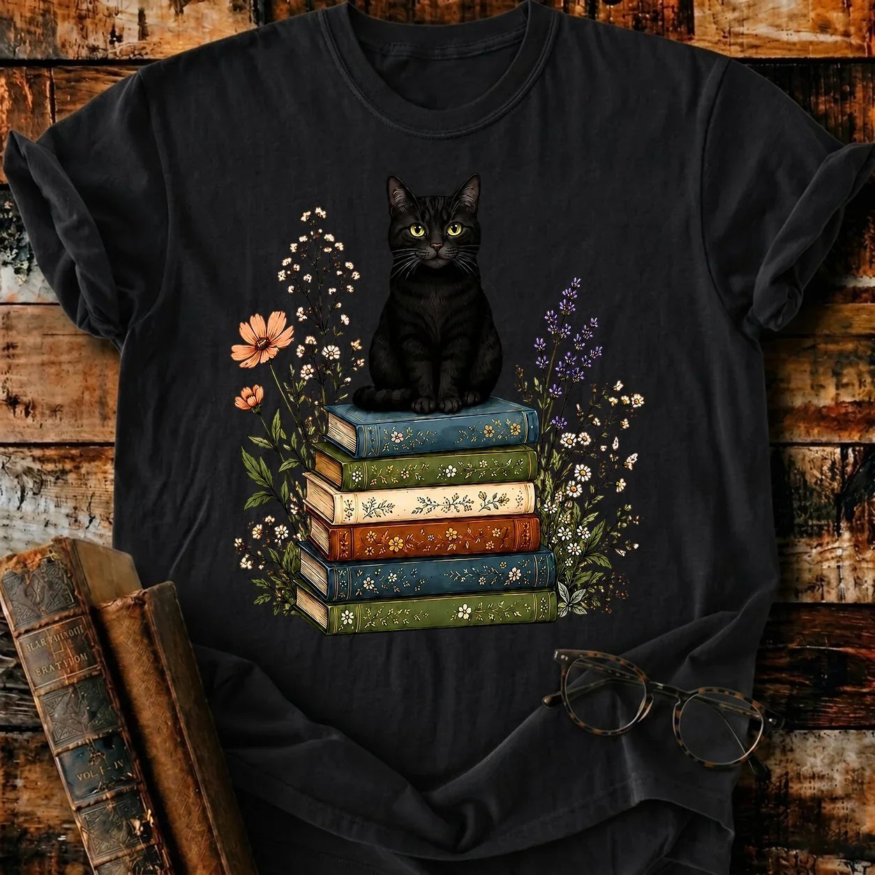 Black Cat On Books T-Shirt