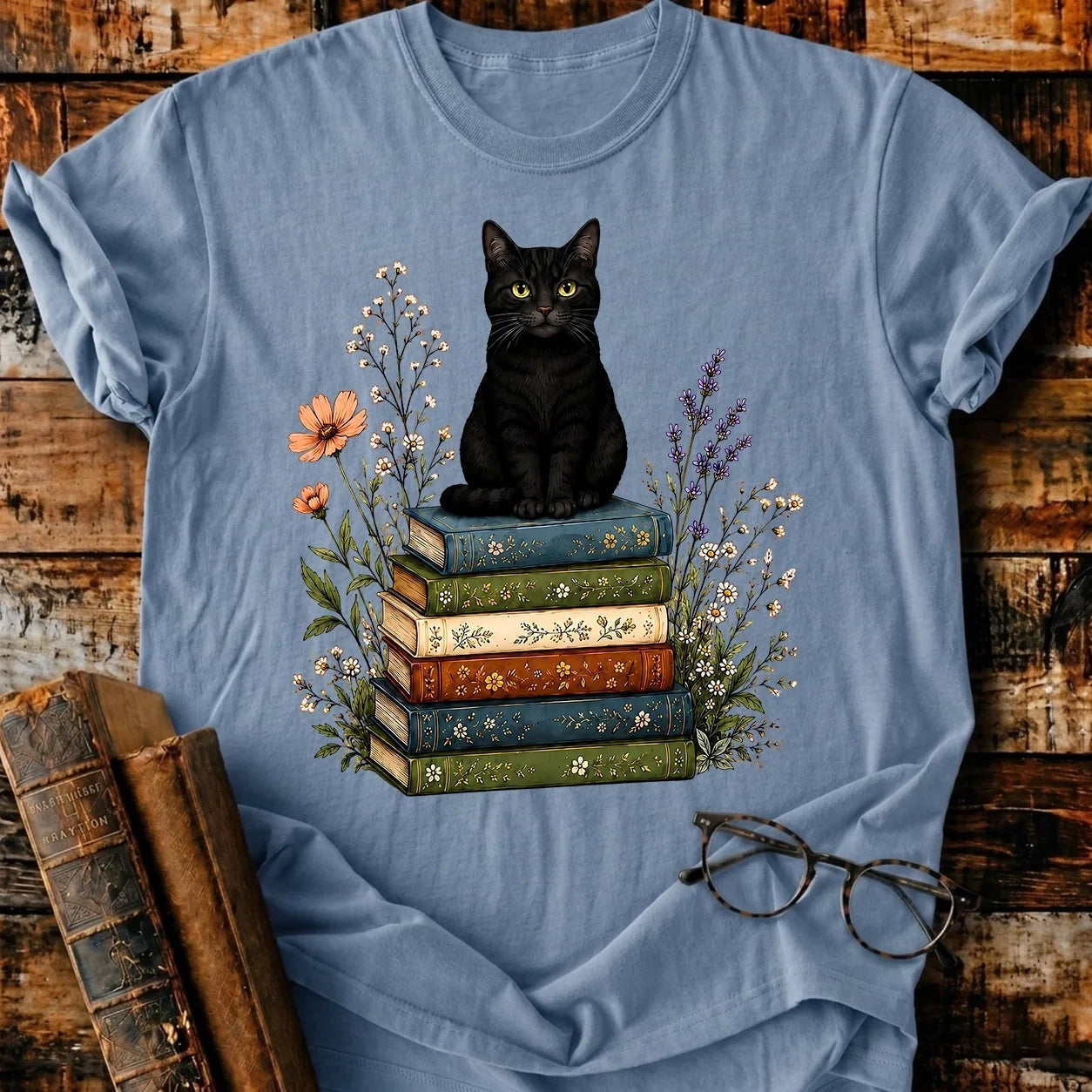 Black Cat On Books T-Shirt