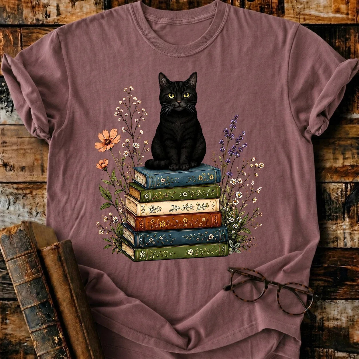 Black Cat On Books T-Shirt
