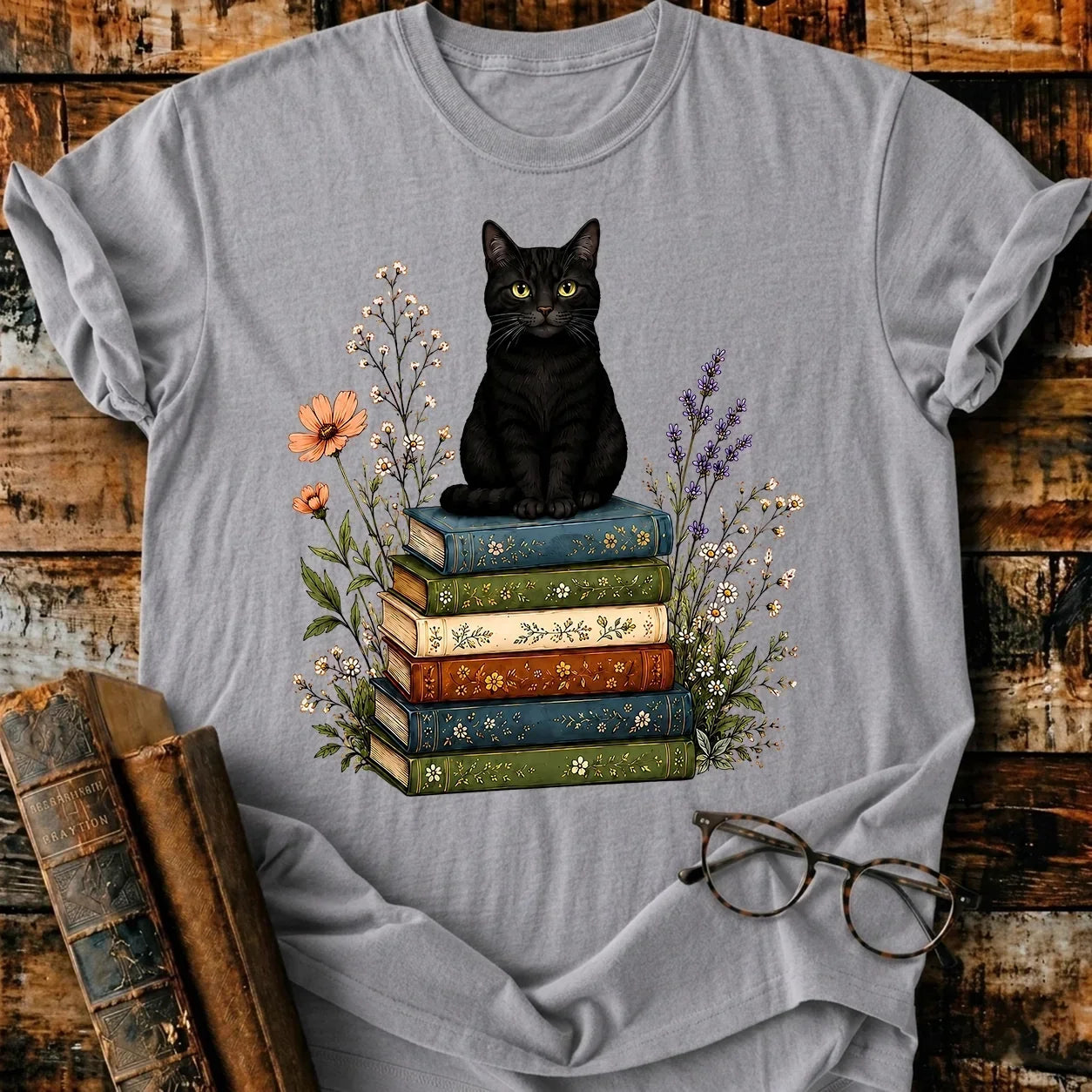 Black Cat On Books T-Shirt