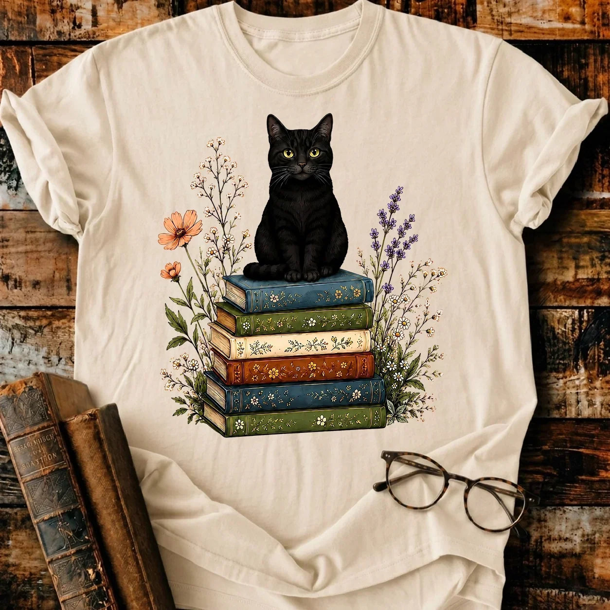 Black Cat On Books T-Shirt