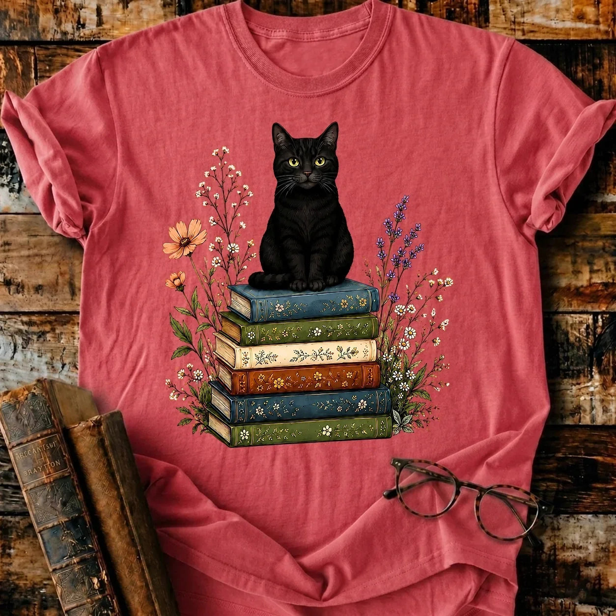 Black Cat On Books T-Shirt