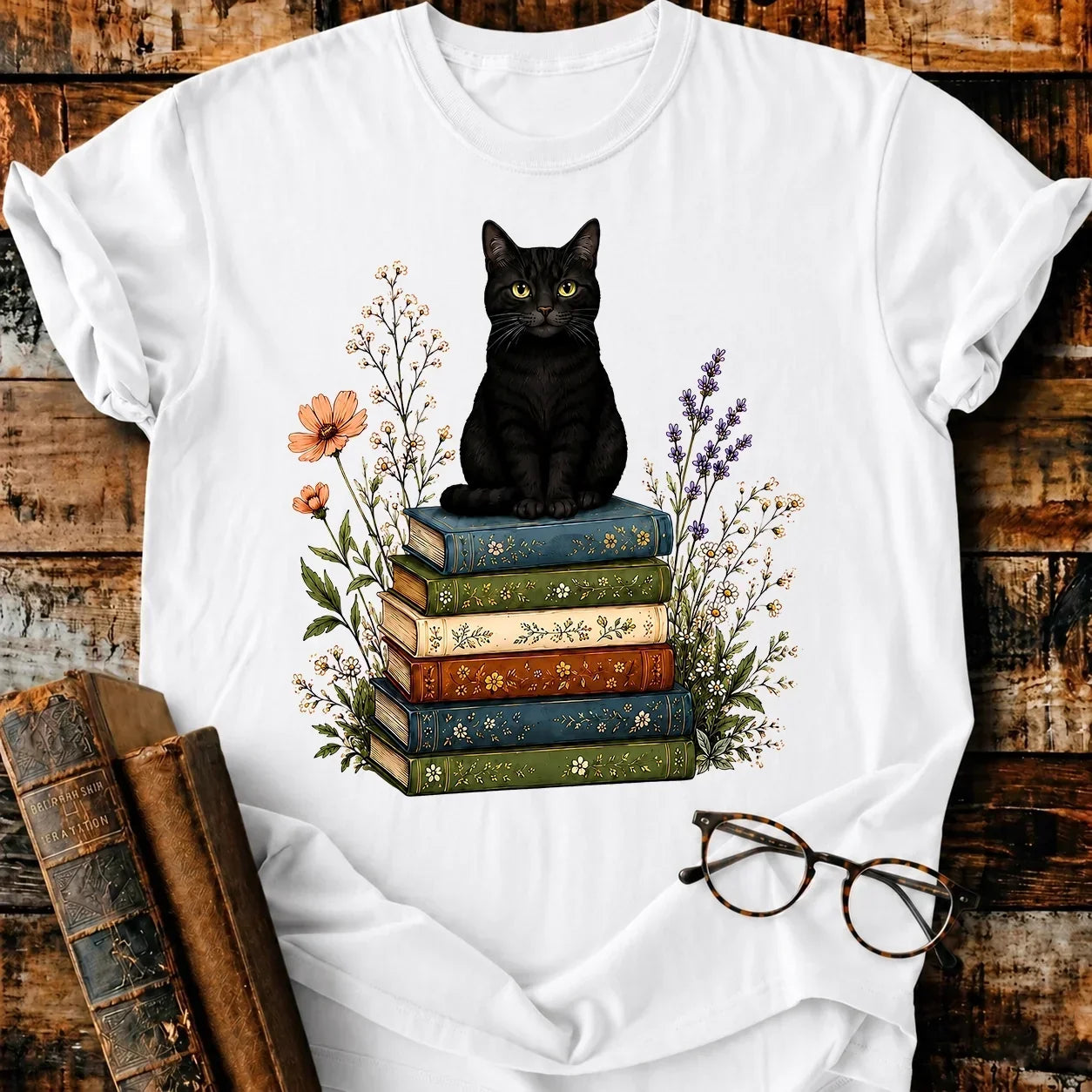 Black Cat On Books T-Shirt