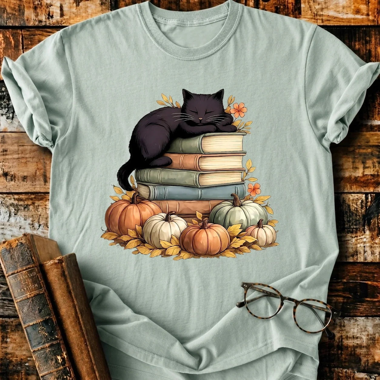 Black Cat Sleep On Books T-Shirt