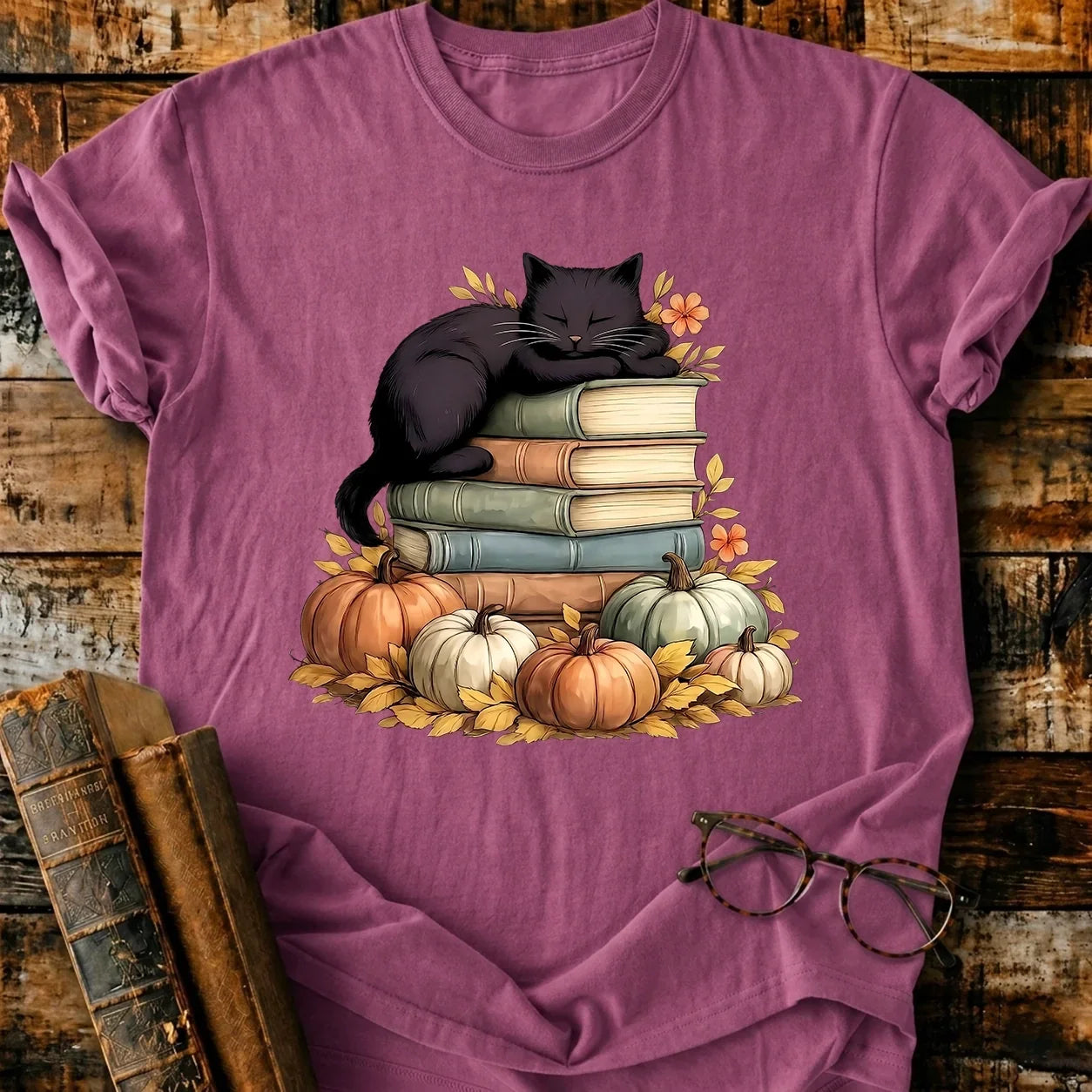 Black Cat Sleep On Books T-Shirt