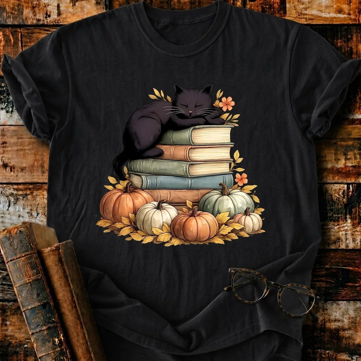 Black Cat Sleep On Books T-Shirt