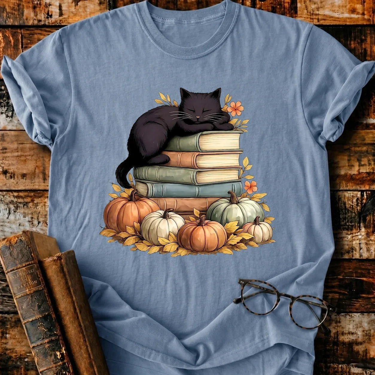 Black Cat Sleep On Books T-Shirt
