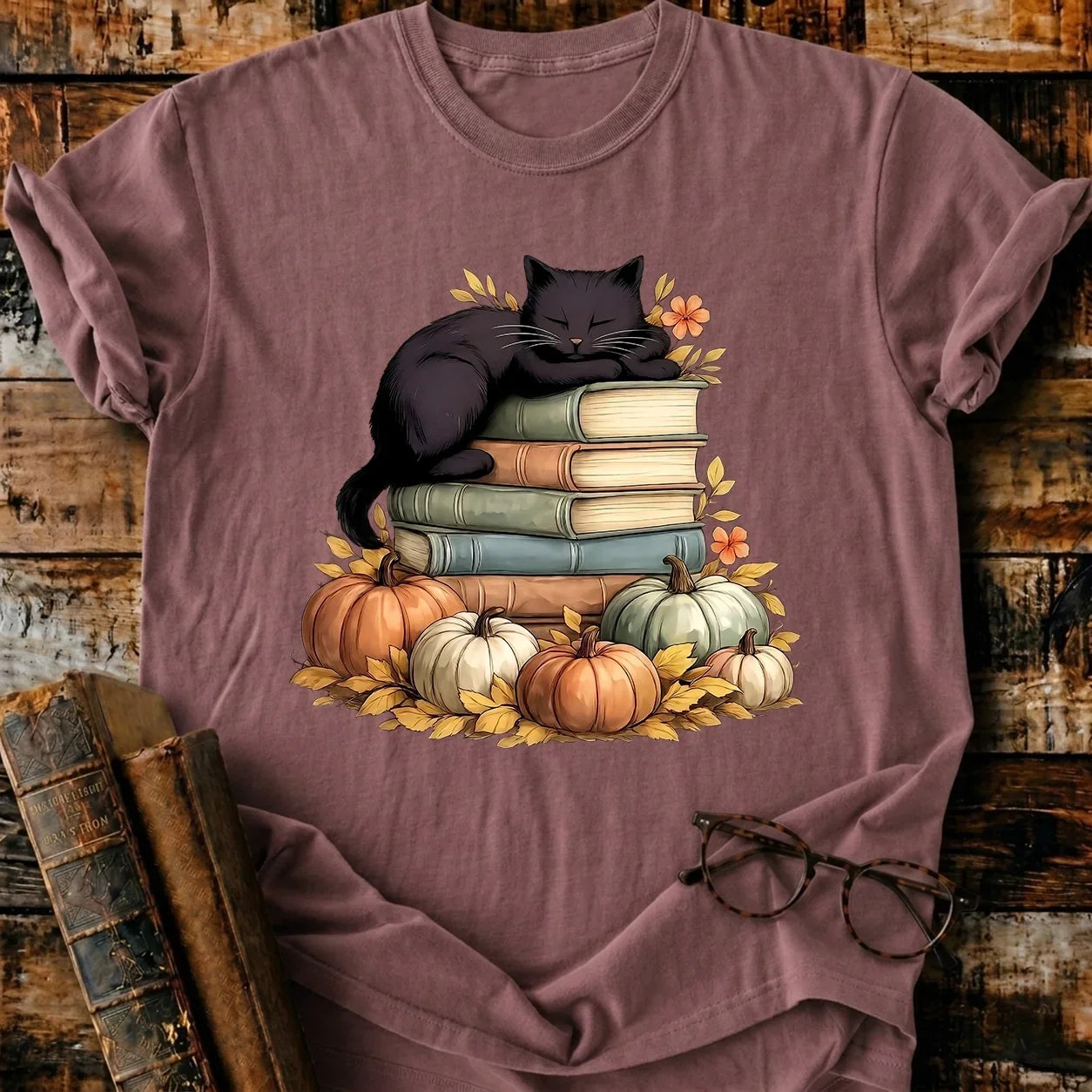 Black Cat Sleep On Books T-Shirt