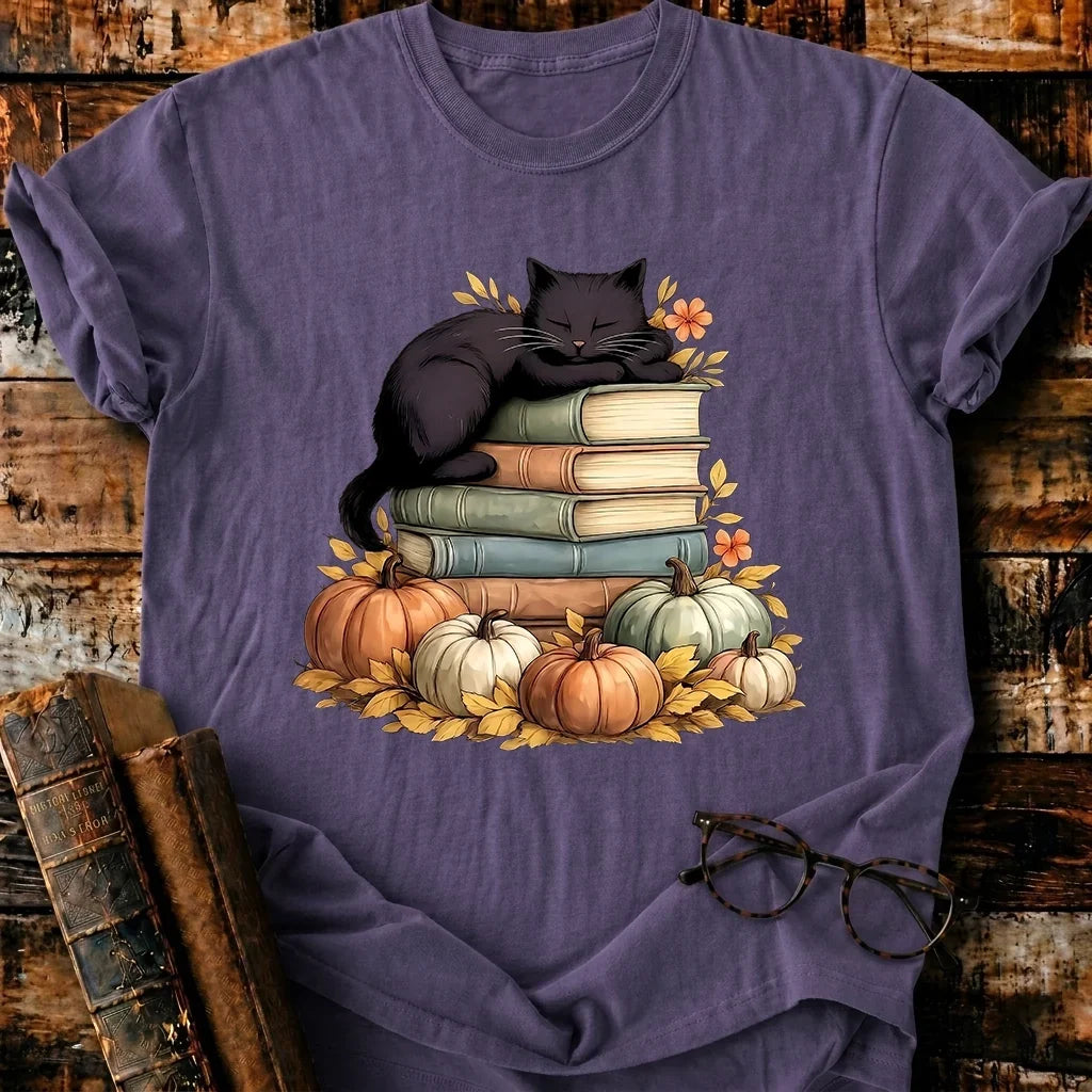 Black Cat Sleep On Books T-Shirt