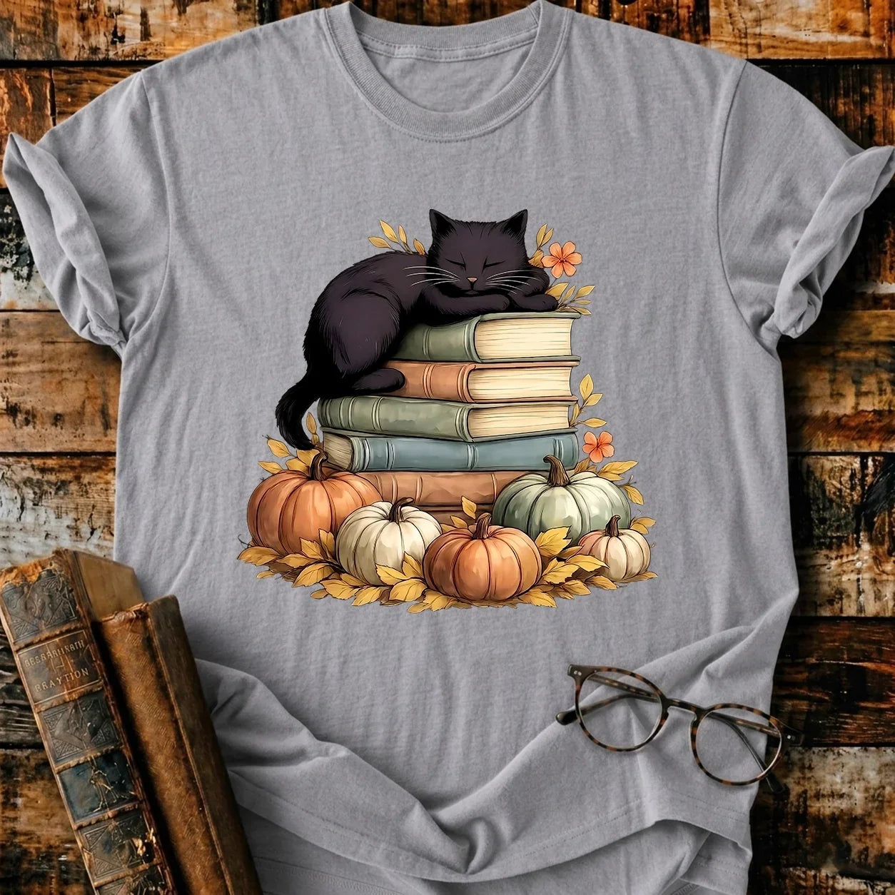 Black Cat Sleep On Books T-Shirt