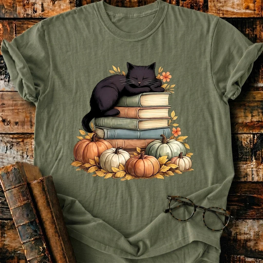 Black Cat Sleep On Books T-Shirt