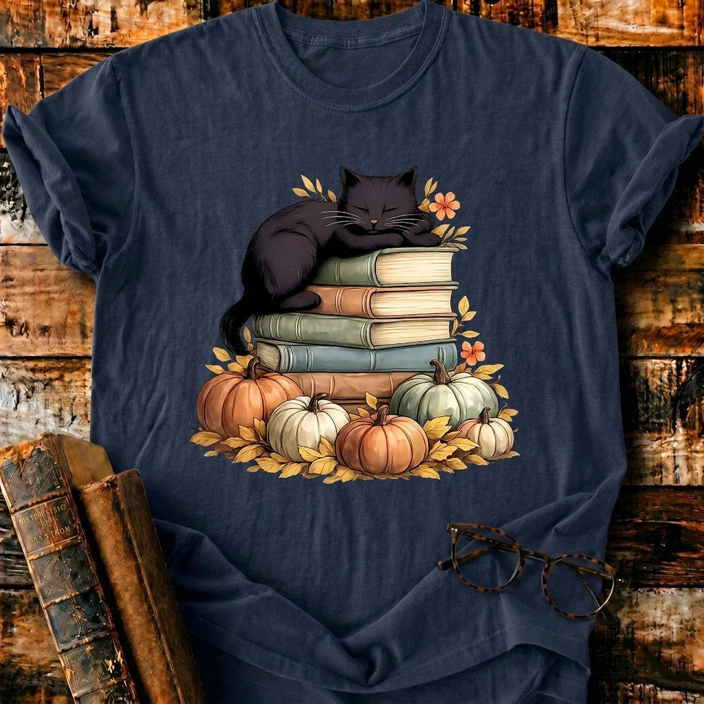 Black Cat Sleep On Books T-Shirt