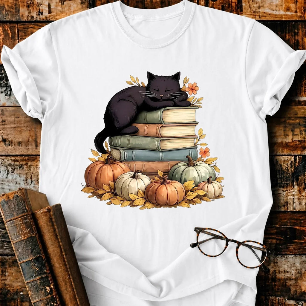 Black Cat Sleep On Books T-Shirt