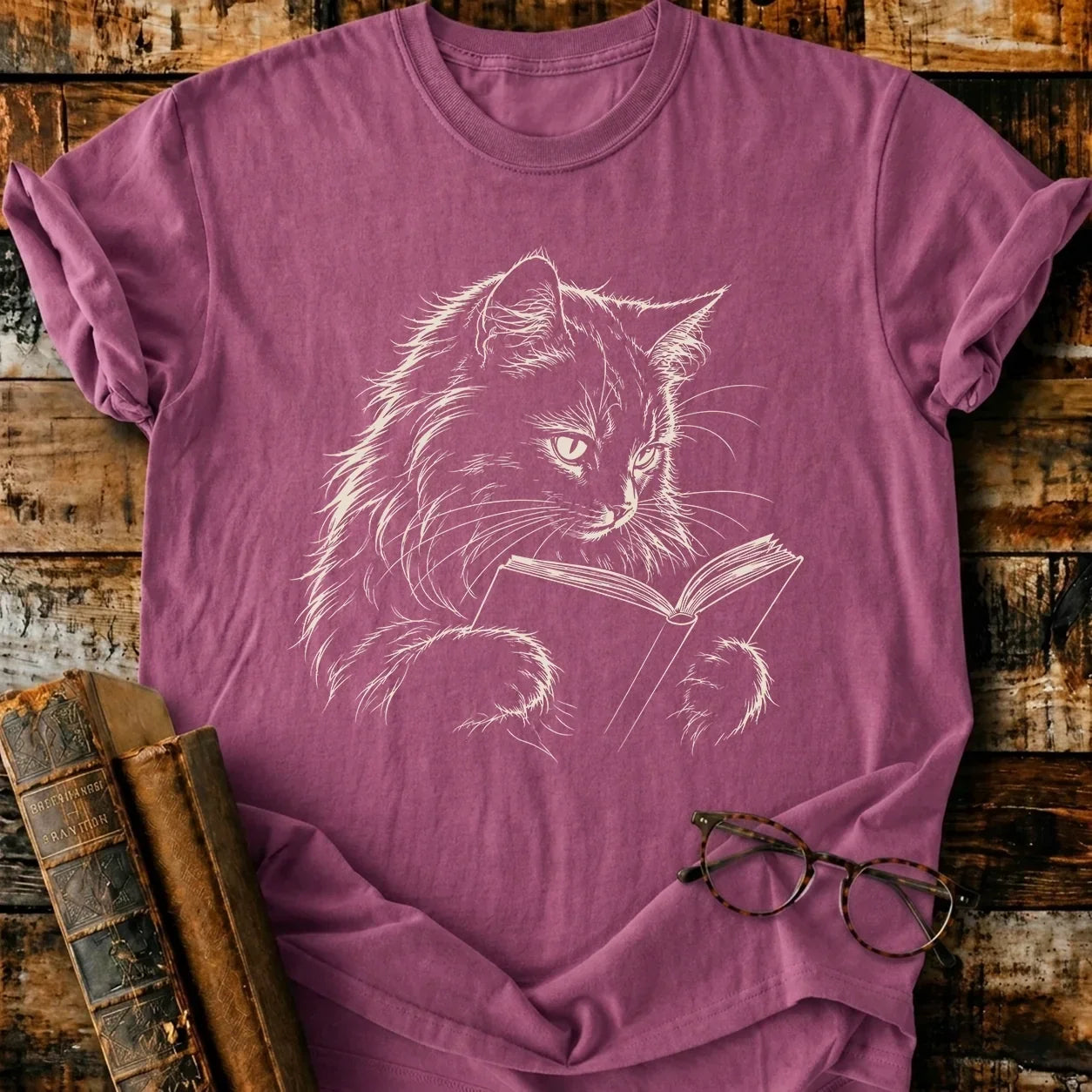 Longhair Cat Reading T-Shirt