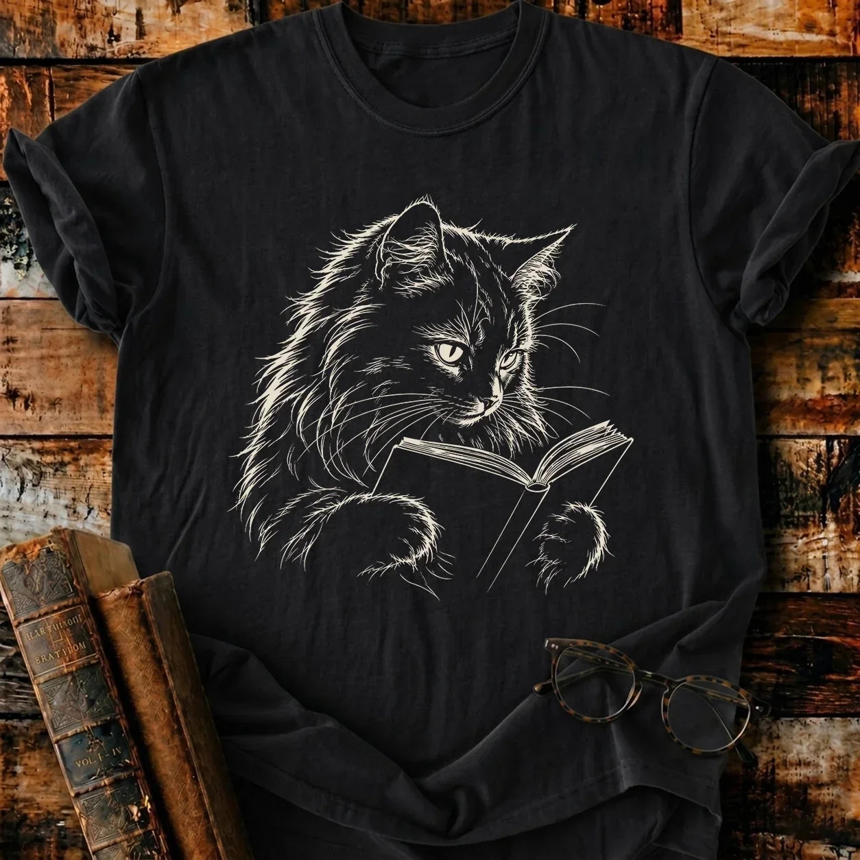 Longhair Cat Reading T-Shirt