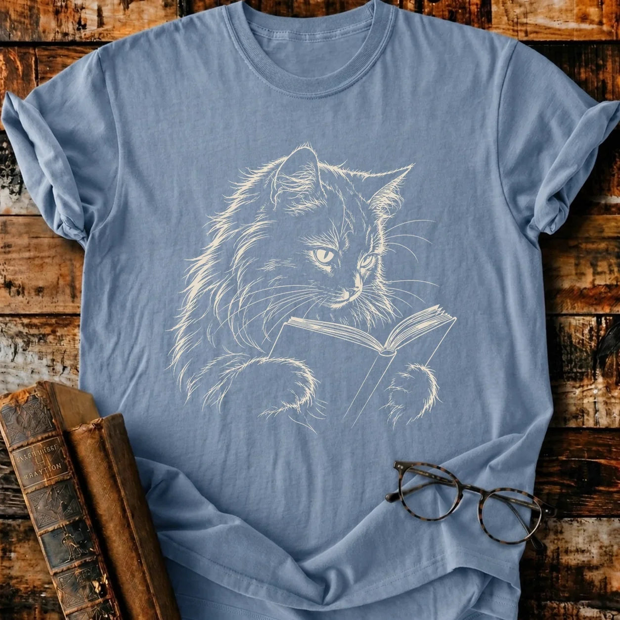 Longhair Cat Reading T-Shirt
