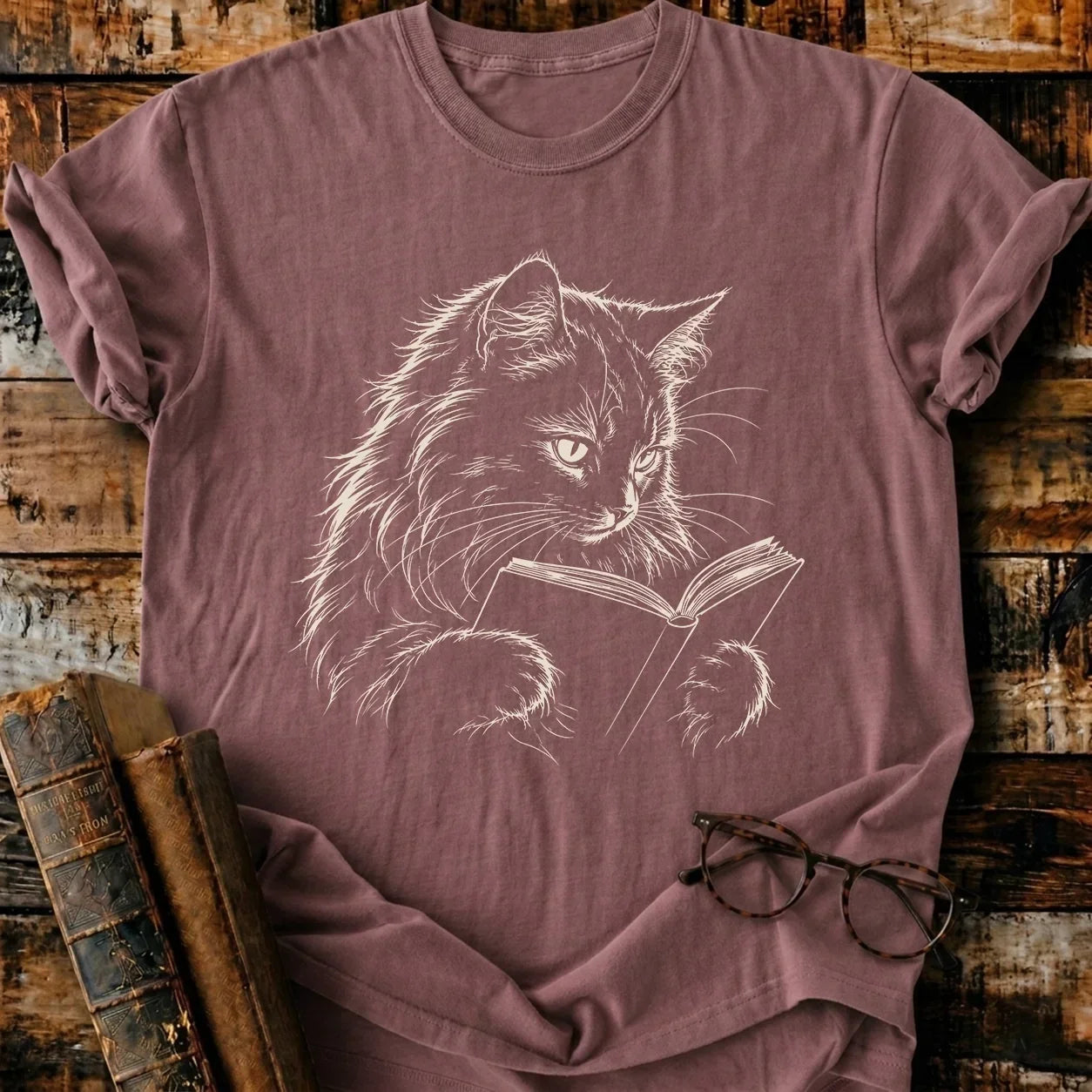 Longhair Cat Reading T-Shirt