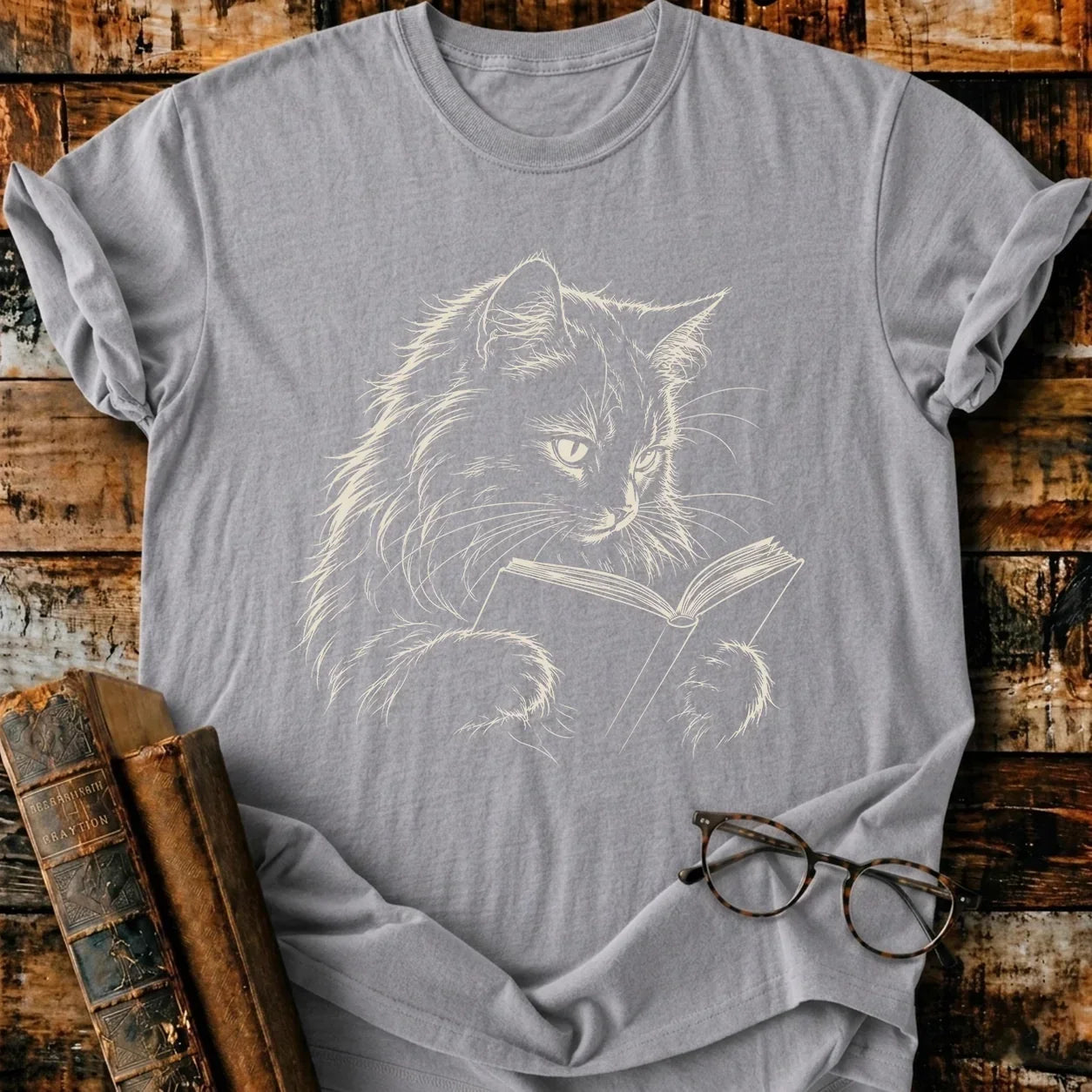 Longhair Cat Reading T-Shirt