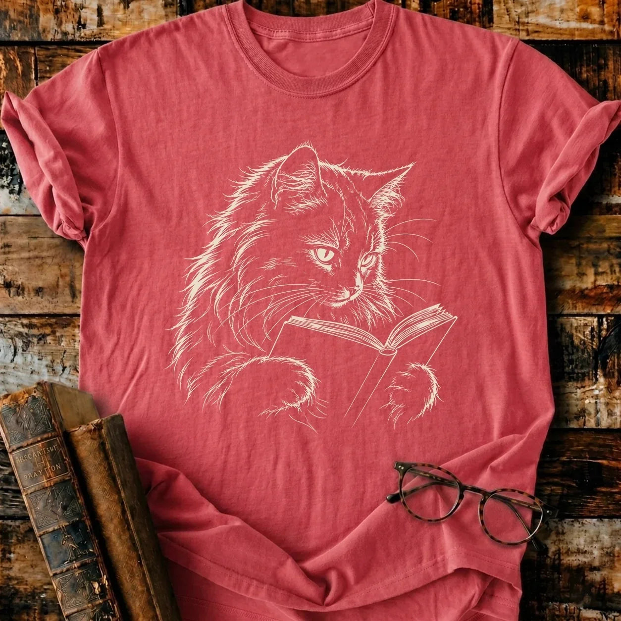 Longhair Cat Reading T-Shirt