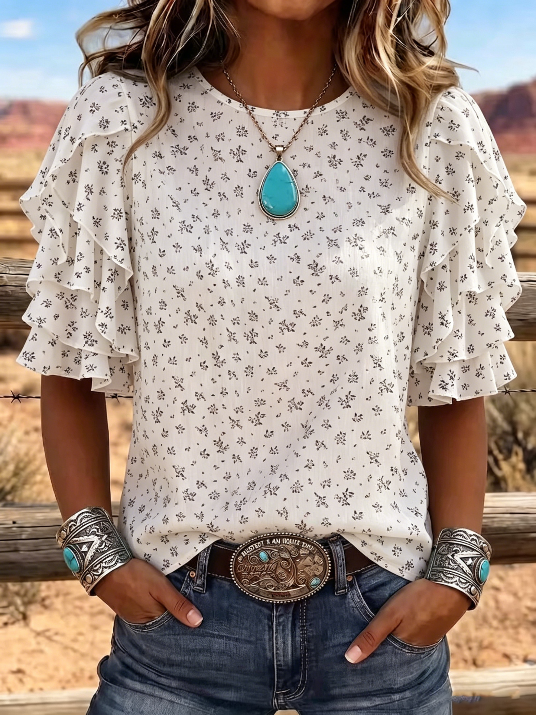 Ditsy Floral Layered Ruffle Sleeve Blouse
