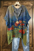 Watercolor Floral Notched Neck Asymmetric Hem Tunic