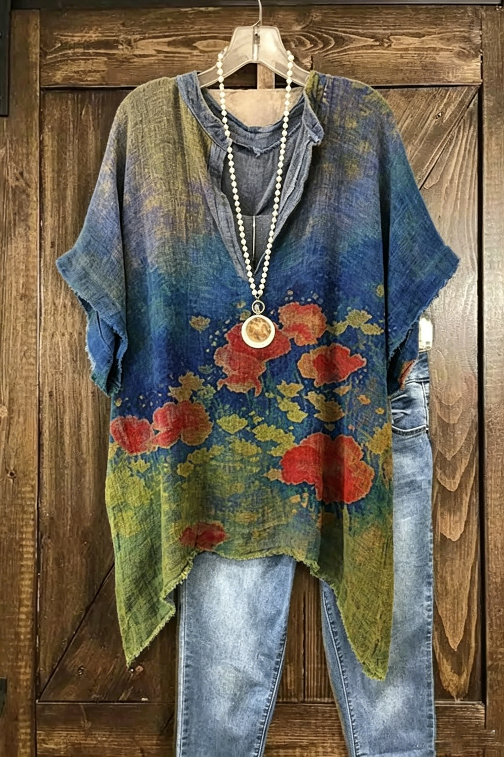 Watercolor Floral Notched Neck Asymmetric Hem Tunic