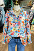 Vibrant Floral Ruffle Neck Long Sleeve Blouse