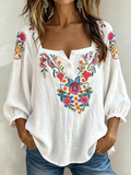 Embroidered Square Neck Puff Sleeve Boho Blouse