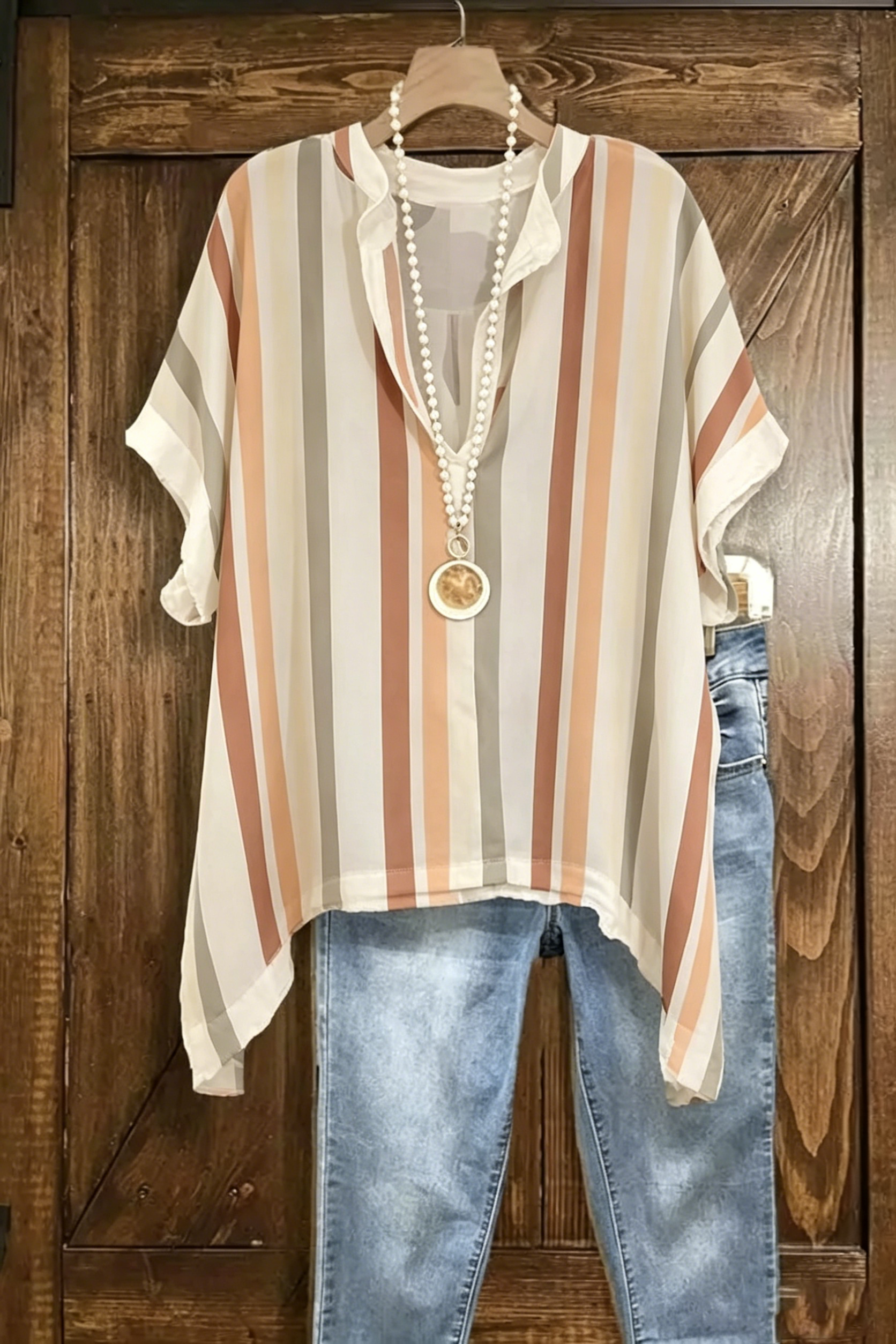 Vertical Stripe Notched Neck Asymmetric Hem Tunic
