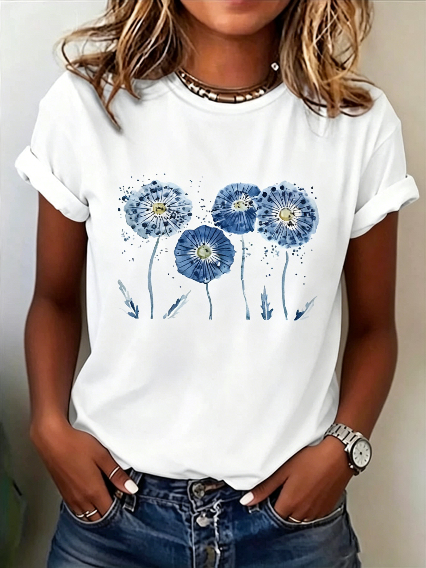 Watercolor Blue Dandelion Floral Graphic T-Shirt