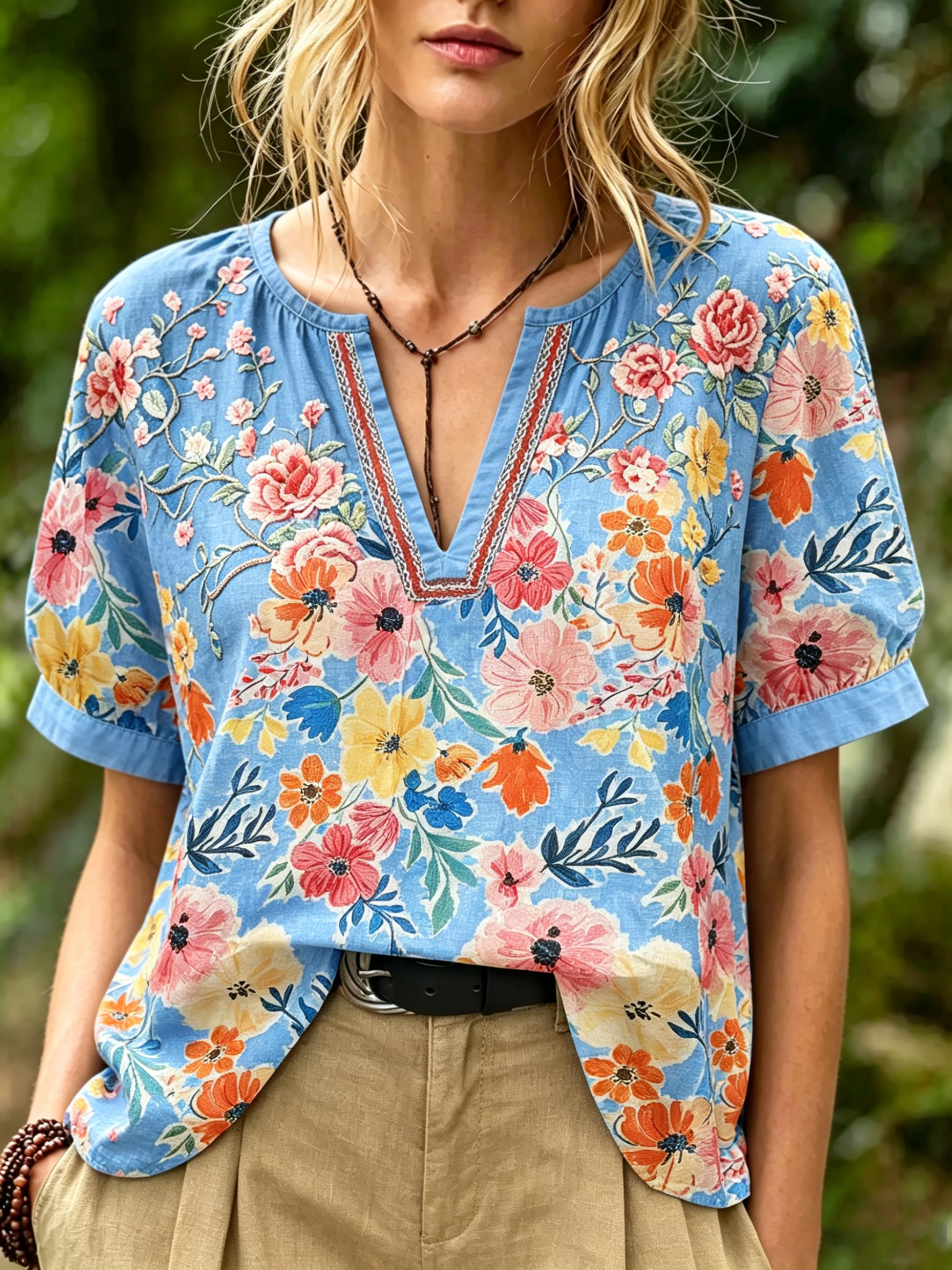 Bright Floral Notched V-Neck Short Sleeve Blouse