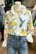 Lemon Hummingbird Print Ruffle Neck Blouse