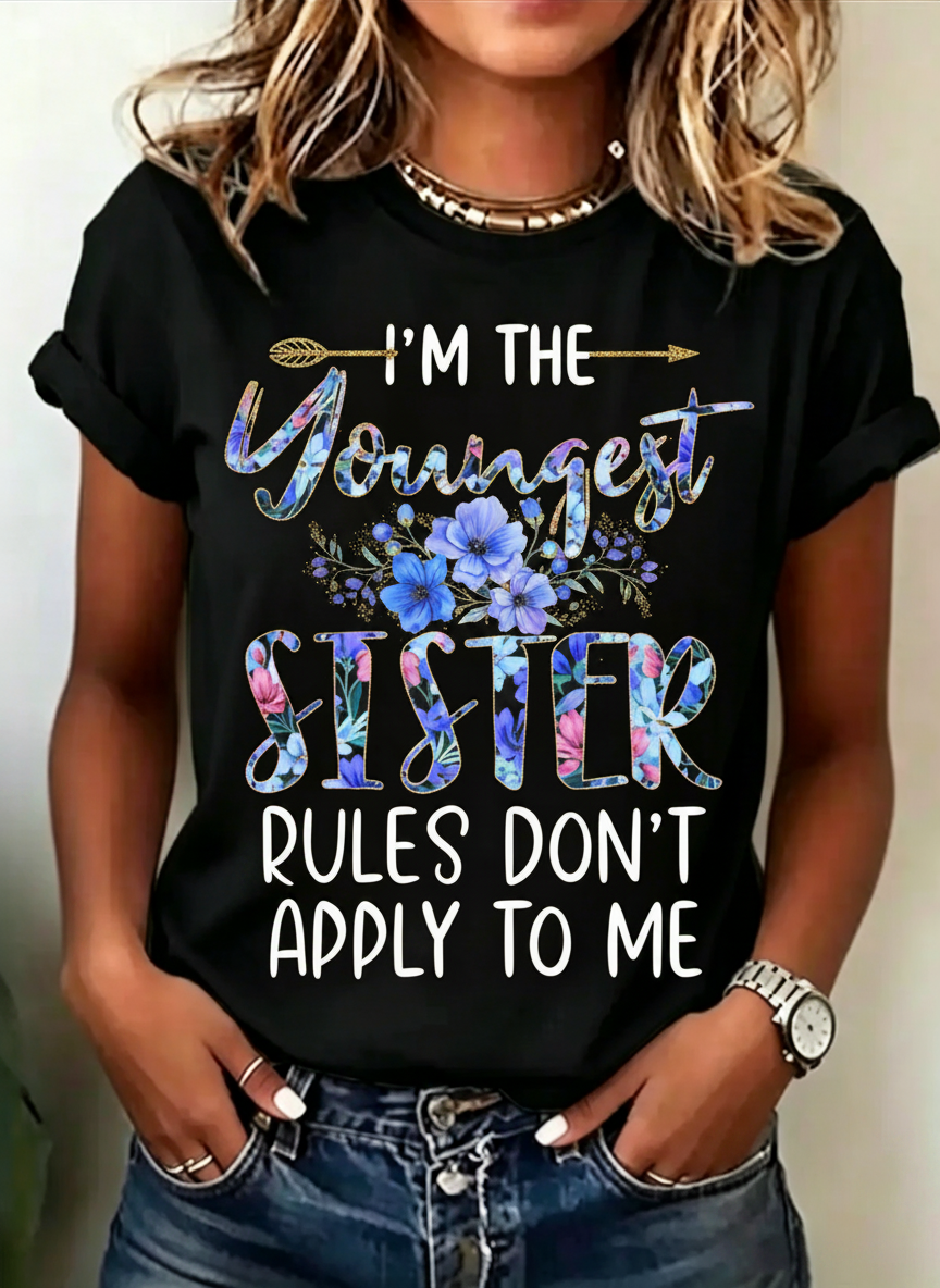 "Youngest Sister" Floral Letter Graphic T-Shirt