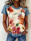 Denim Trim Watercolor Floral Short Sleeve Top