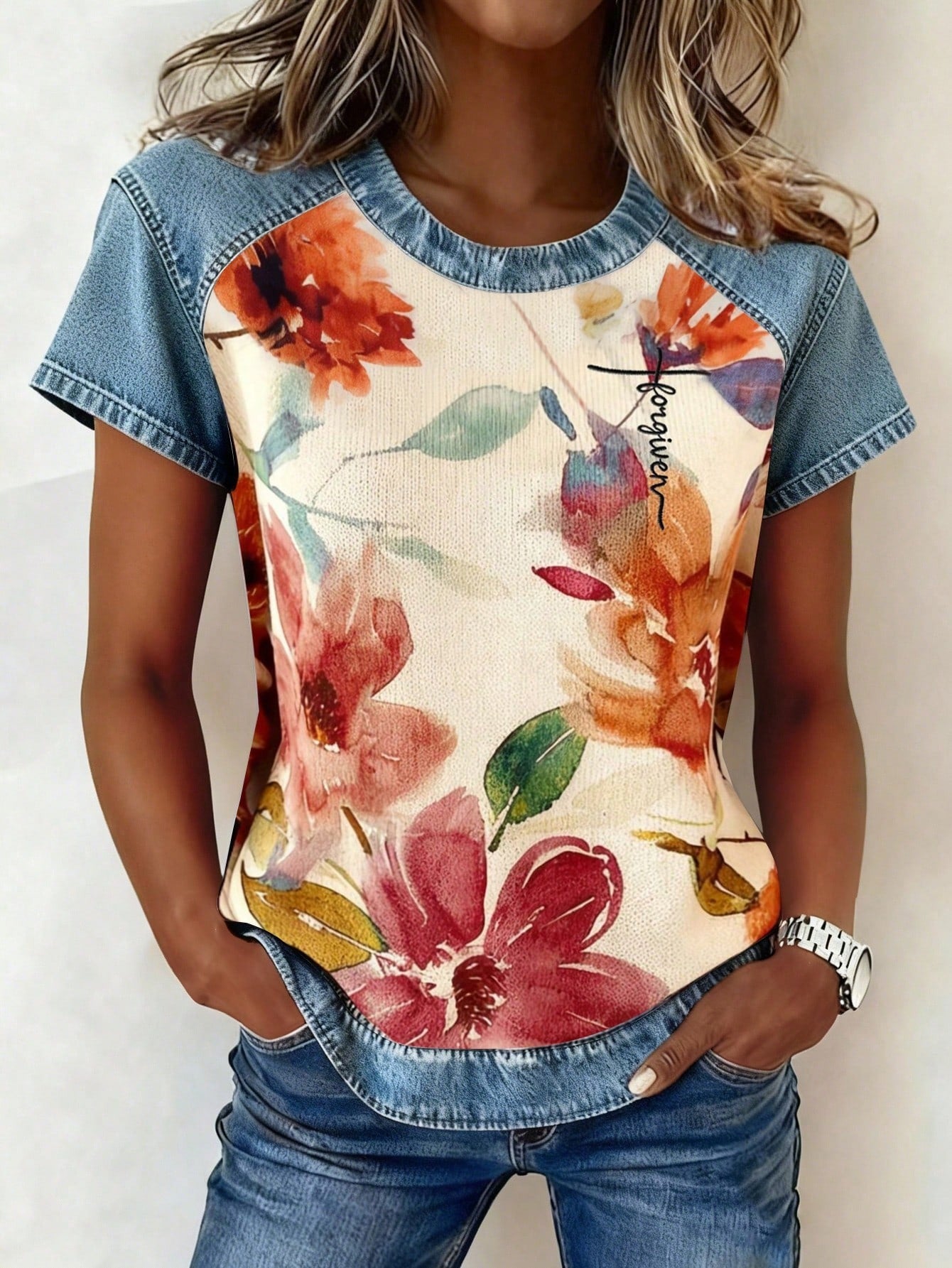 Denim Trim Watercolor Floral Short Sleeve Top