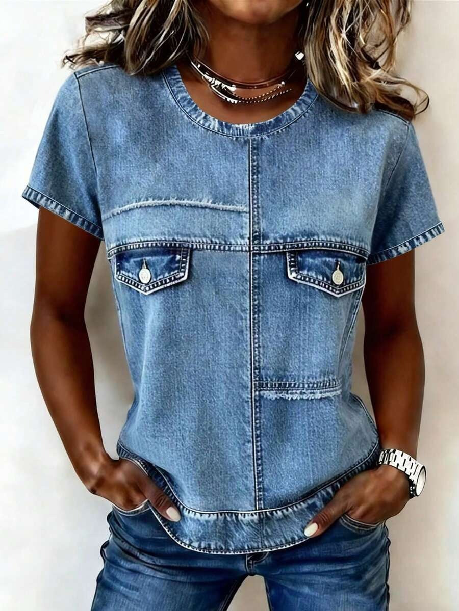 Chest Pocket Denim Short Sleeve Top