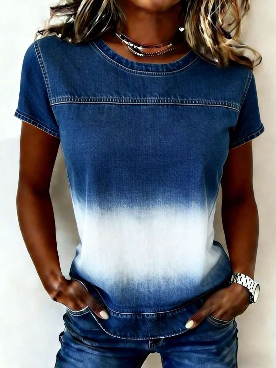 Ombre Dip-Dye Denim Short Sleeve Top