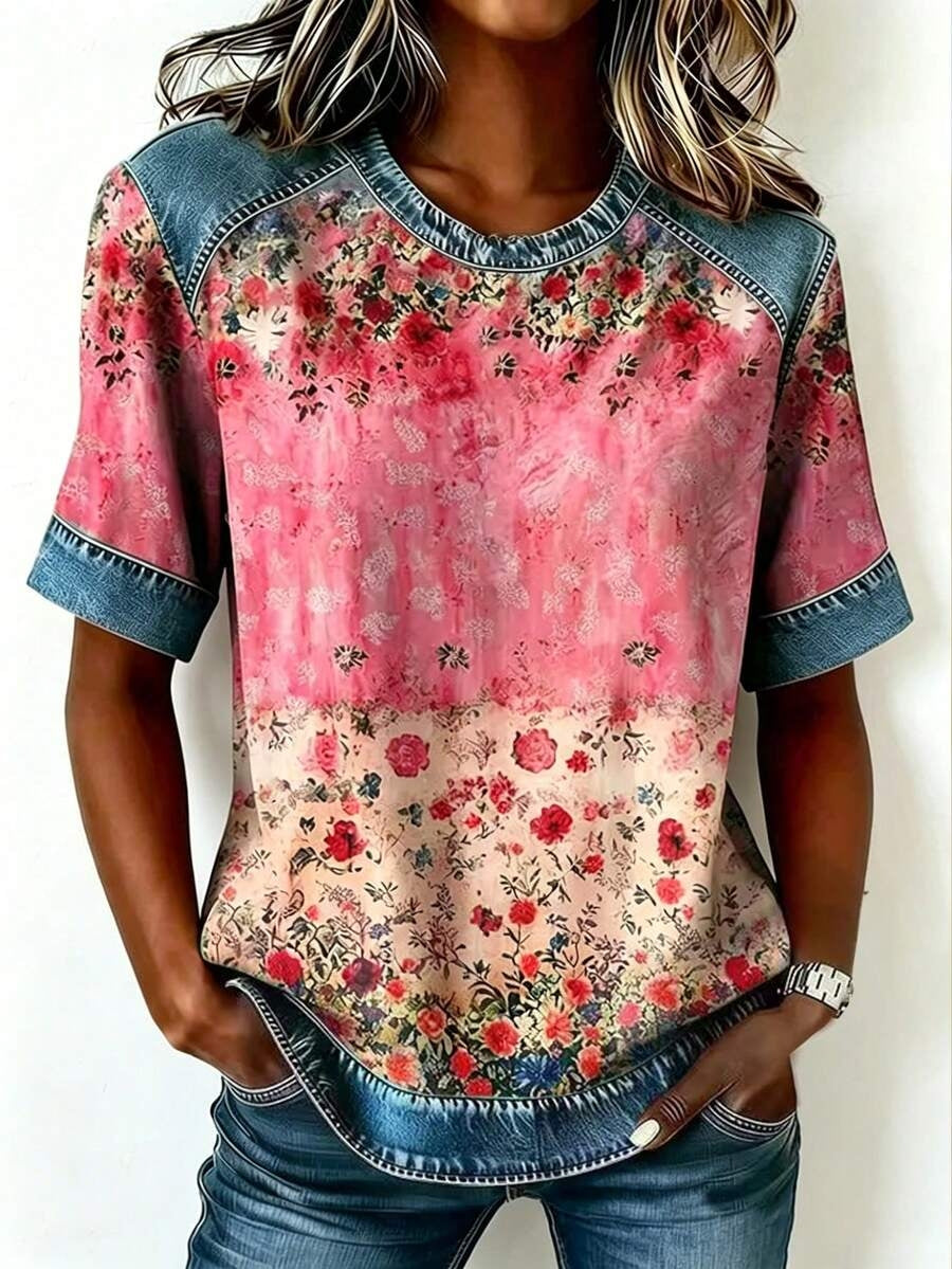 Denim Trim Pink Floral Short Sleeve Top